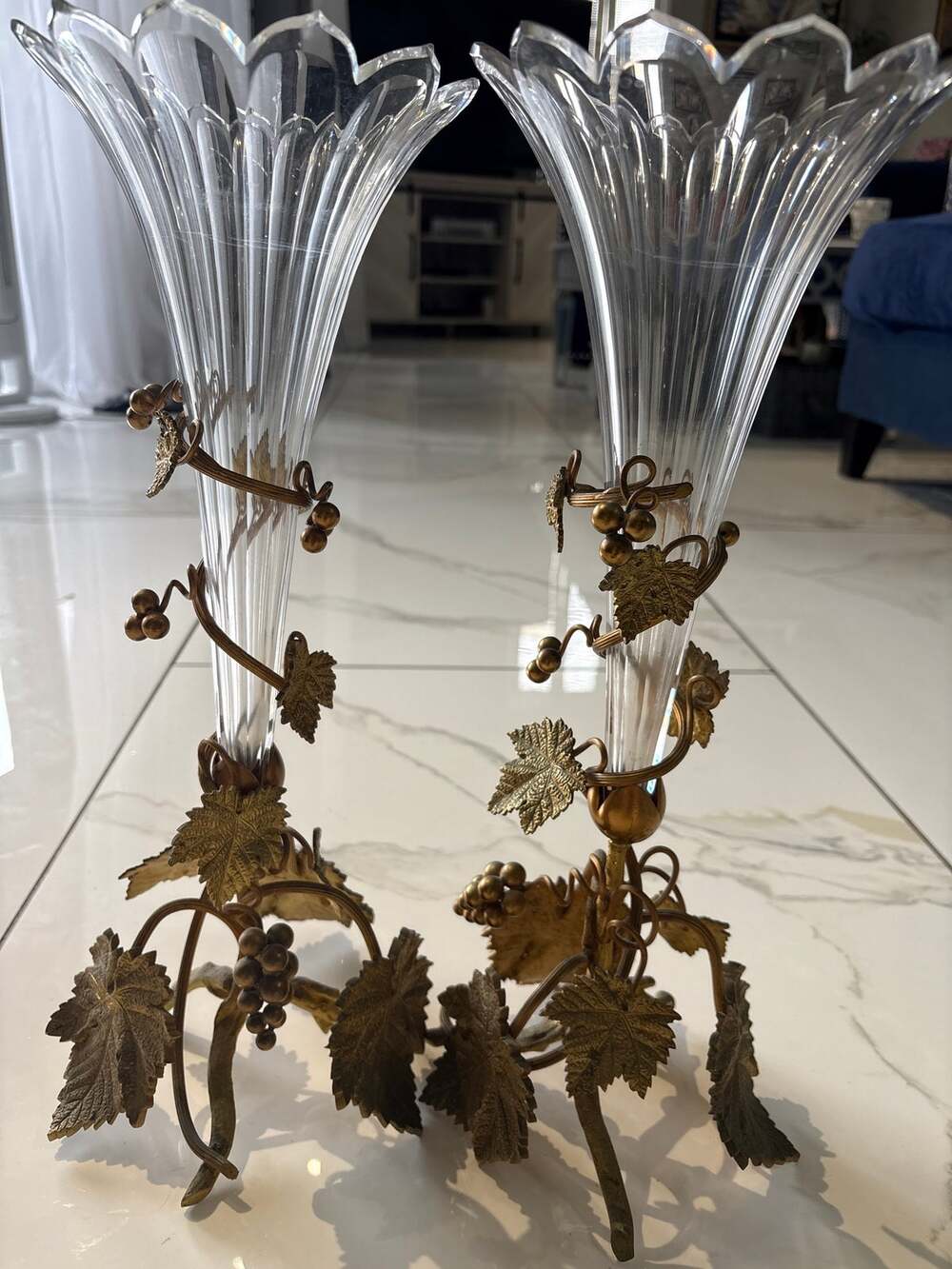 Vintage Brass & Glass Trumpet Vases Pair Grape Ivy Vine Leaf Cornet Vase Set